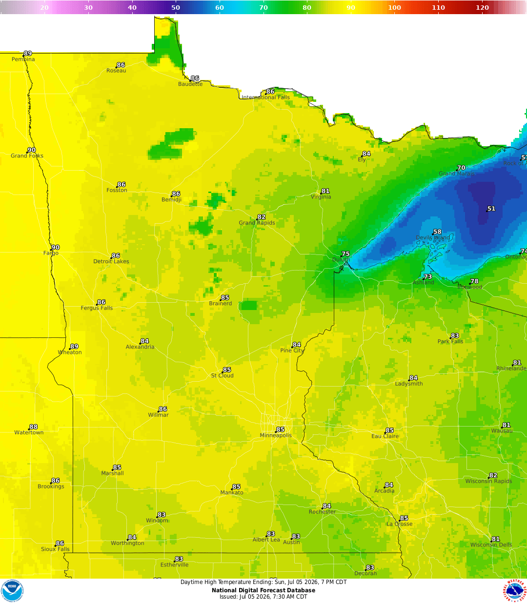Highs for Sunday