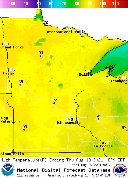 Forecast high temperatures Thursday