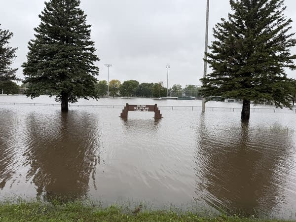 A flooded baseball field