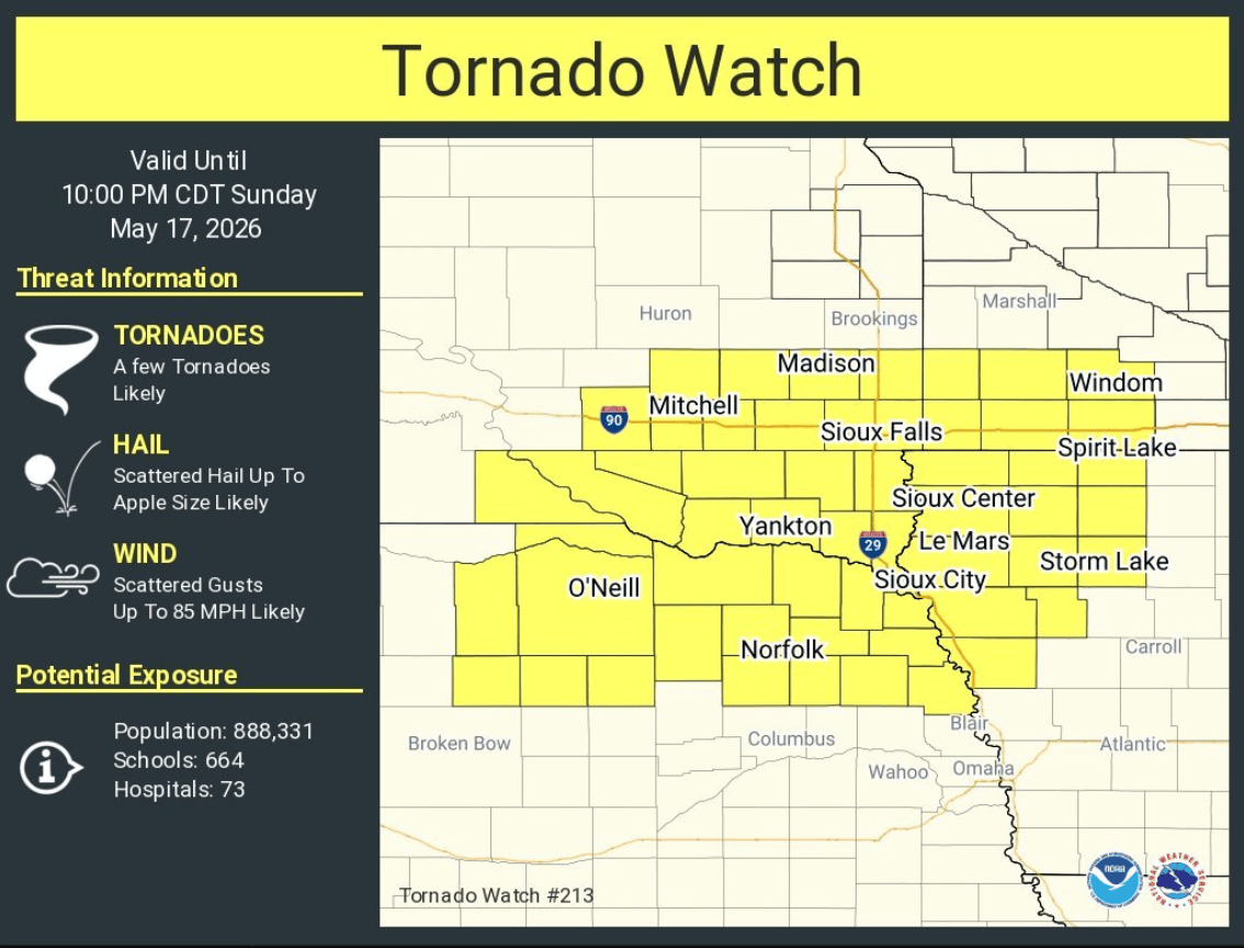 Tornado watch until 10 p.m. Sunday