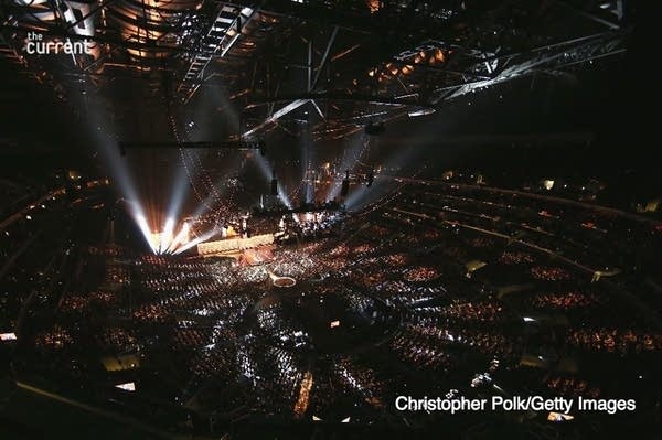 A wide angle shot of The Grammys stage.