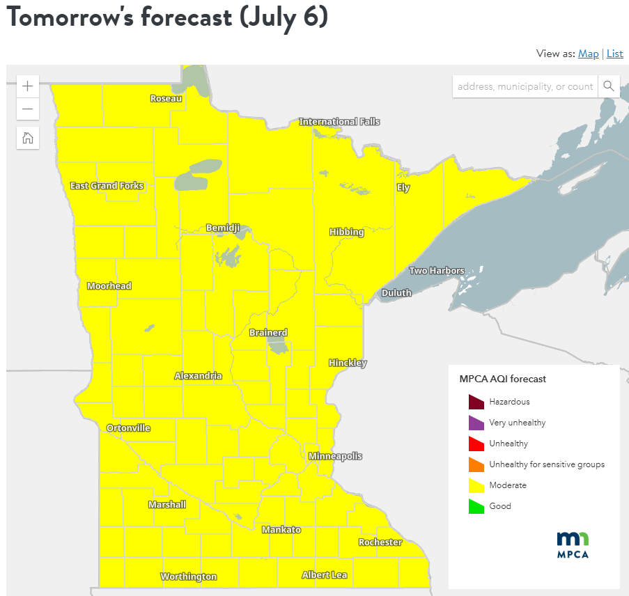 Air quality forecast for Sunday