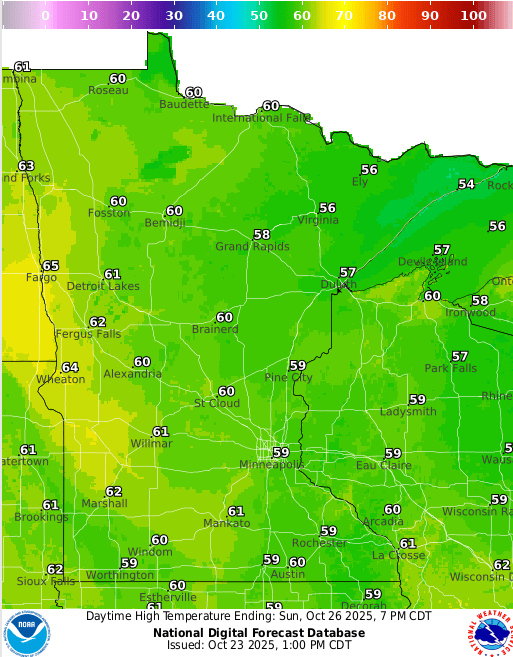 Forecast high temperatures Sunday