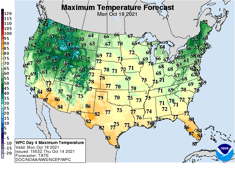 Forecast high temperatures Monday