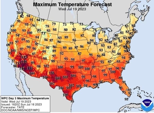Forecast high temperatures for Wednesday