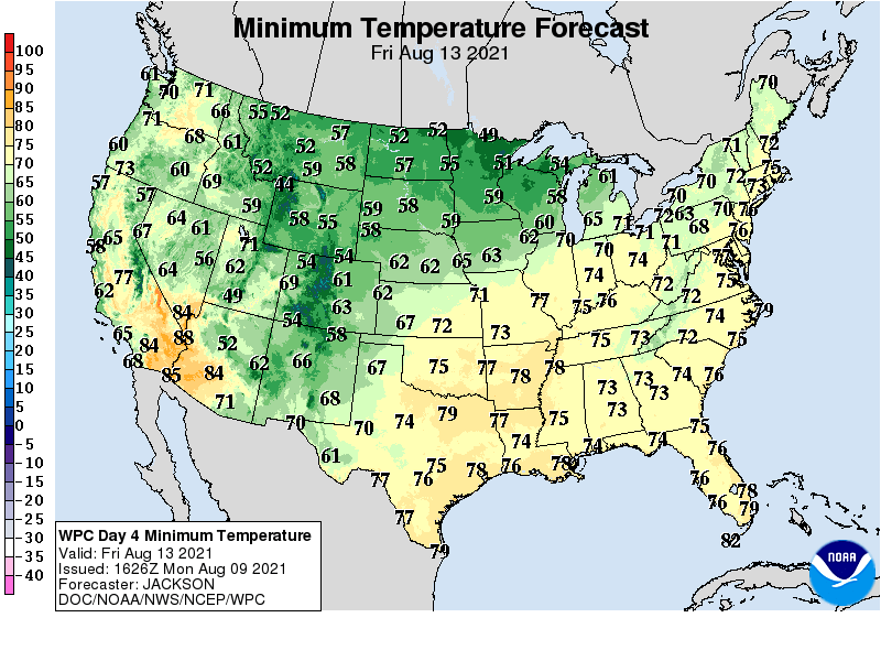 Forecast minimum temps Friday morning