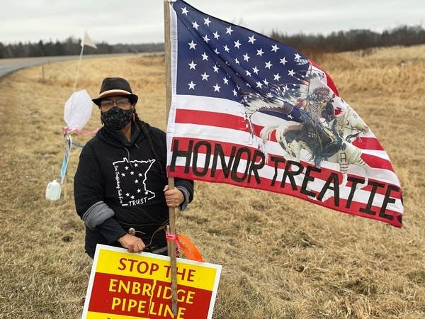 Deb Topping protests the planned Line 3 oil pipeline replacement project.