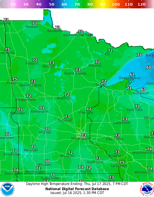 Forecast high temperatures Thursday