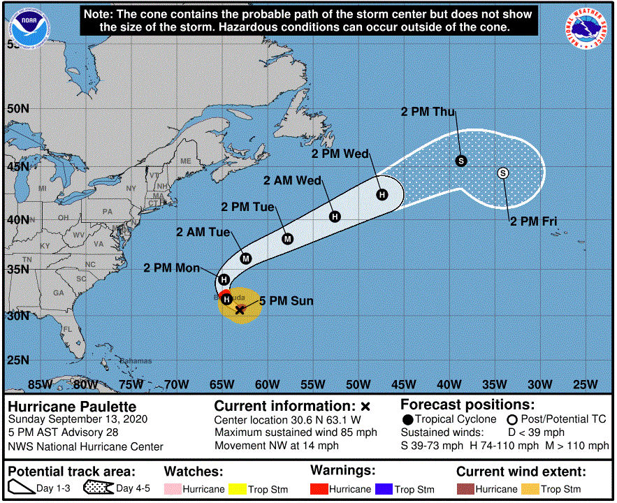 Forecast track of Hurricane Paulette at 4 p.m. Sunday
