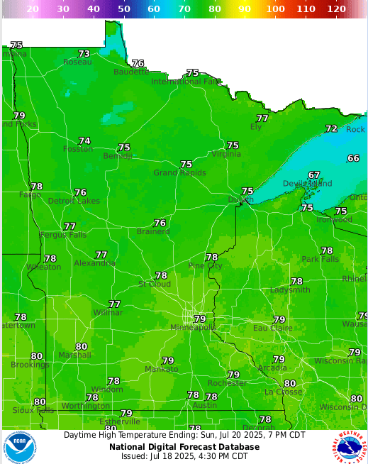 Forecast high temperatures Sunday