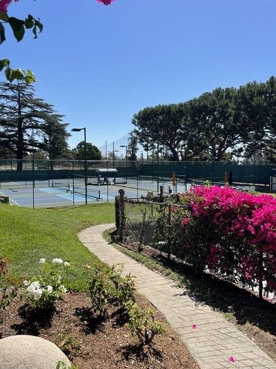 a pickleball court surrounded by grass