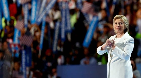 Democratic presidential candidate Hillary Clinton acknowledges the crowd at the end of the Democratic National Convention.