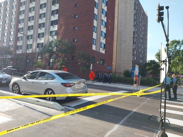 Police tape outside a downtown building