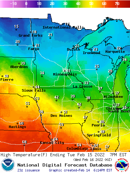 Forecast high temperatures Tuesday