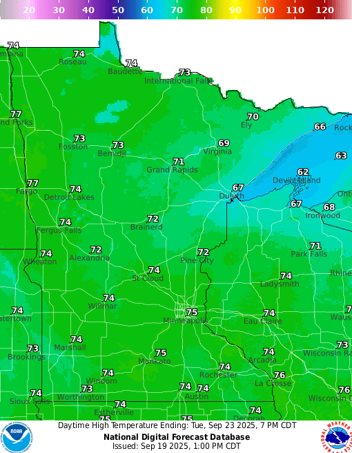 Forecast high temperatures Tuesday
