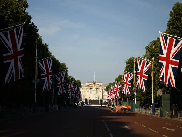 British flags line the street to Buckingham Palace.
