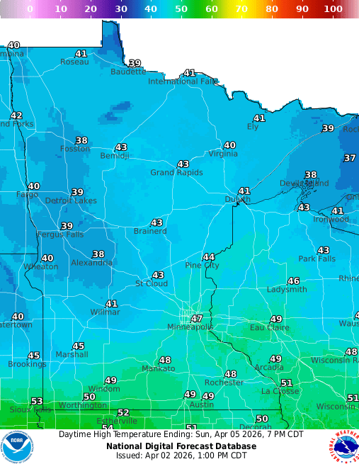 Forecast high temperatures Sunday