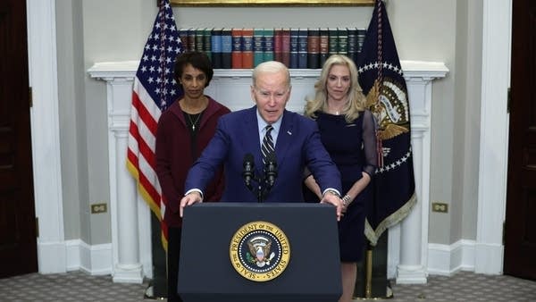 WASHINGTON, DC - MARCH 10: U.S. President Joe Biden delivers remarks on the February jobs report as Chair of the Council of Economic Advisers Cecilia Rouse (L) and Assistant to the President & Director of the National Economic Council Lael Brainard (R) listen in the Roosevelt Room at the White House on March 10, 2023 in Washington, DC. According to the Labor Department, U.S. employers added 311,000 jobs in February and the unemployment rate rose to 3.6%, two-tenths higher than in January.