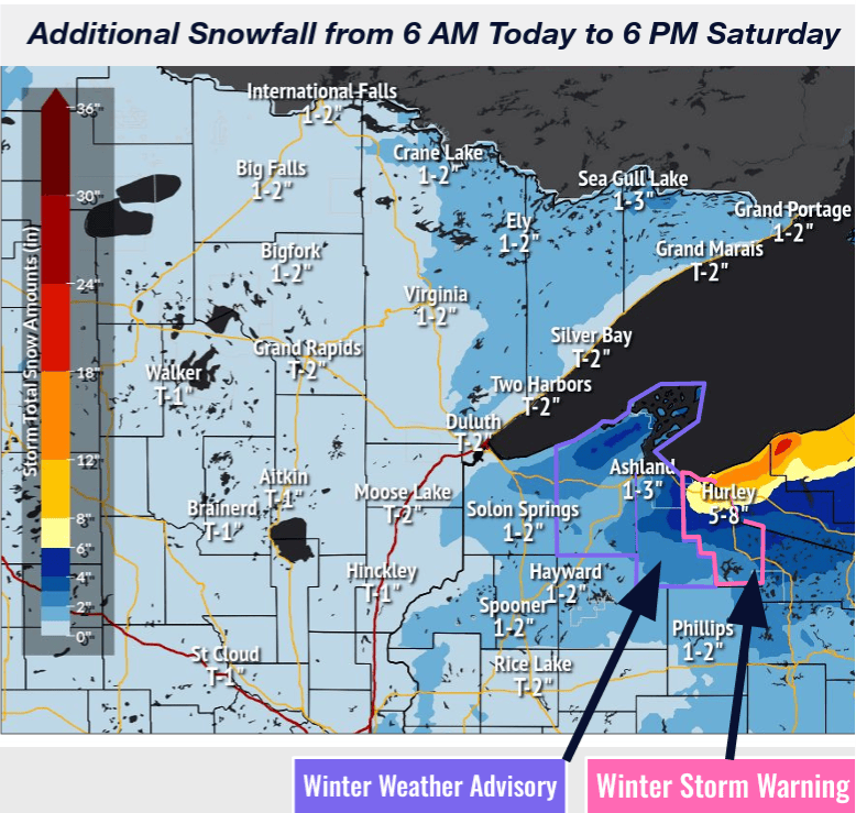 Expected snowfall for the Arrowhead region through Saturday 6 a.m. 