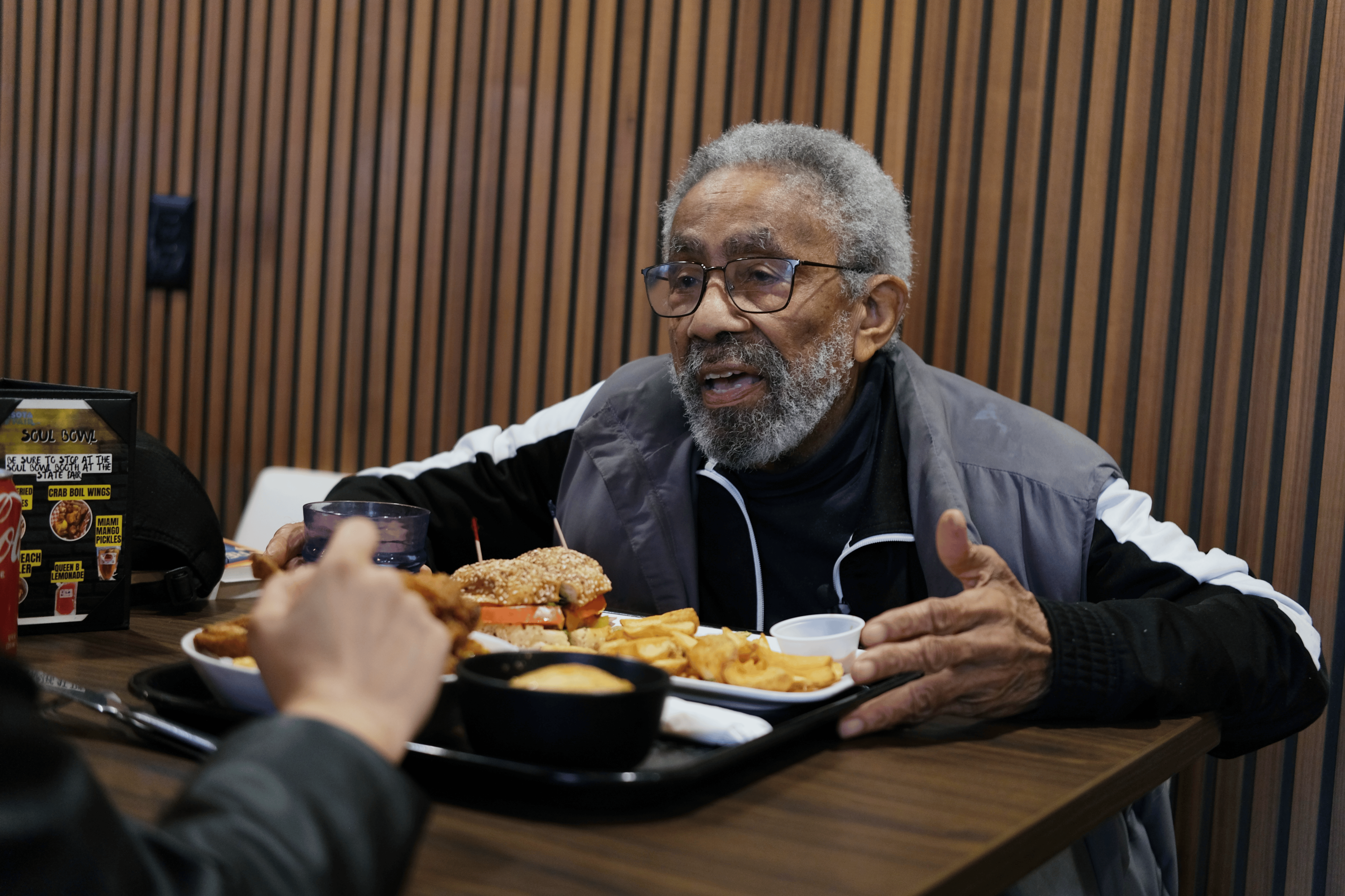 man talks during lunch