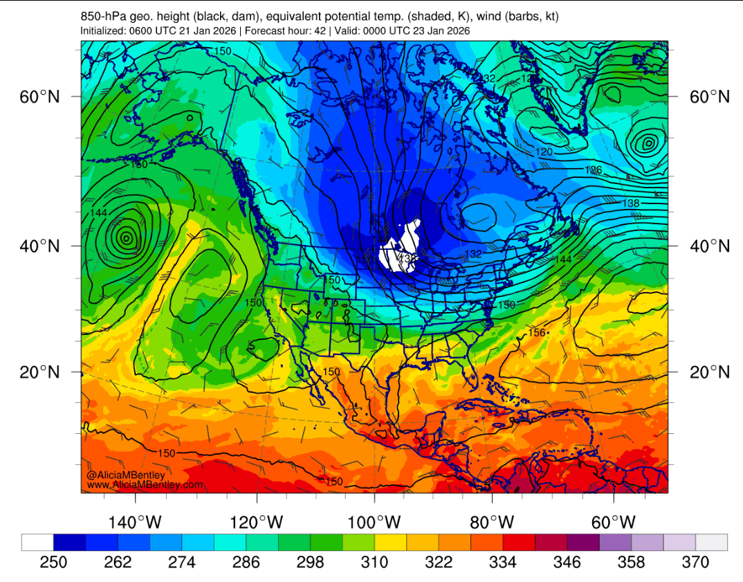 850 millibar potential temperature for 6 p.m. Thursday