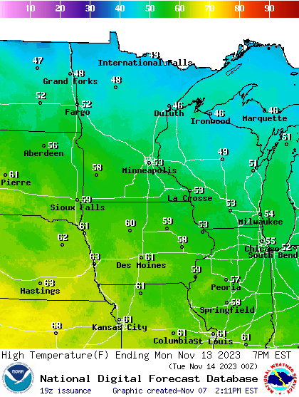 Forecast high temperatures Monday