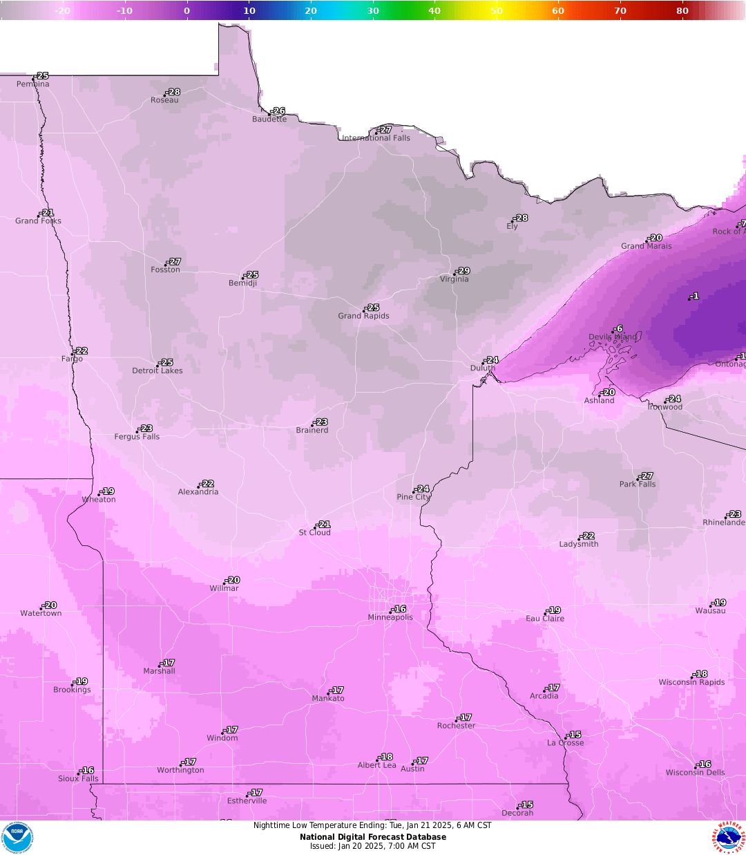 Lows for Monday night