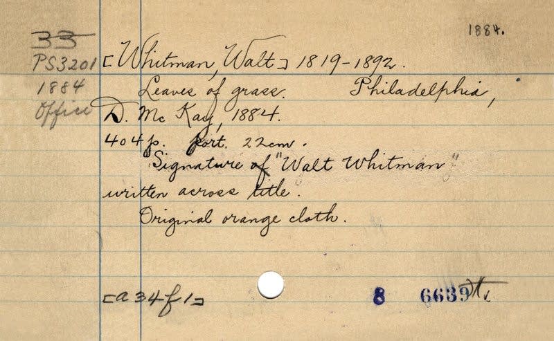 The Library of Congress card for Walt Whitman's
