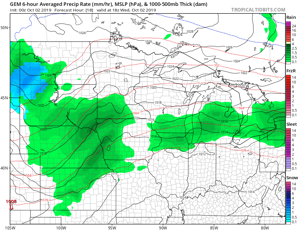 Canadian model rainfall coverage through Thursday