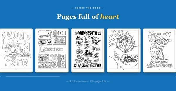 Screengrab of a blue background with black-and-white images of coloring book pages.