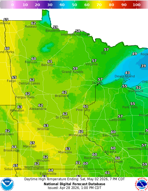 Forecast high temperatures Saturday