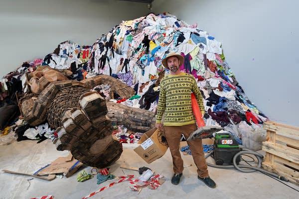 Danish recycling artist Thomas Dambo poses for a photograph in his new exhibit 