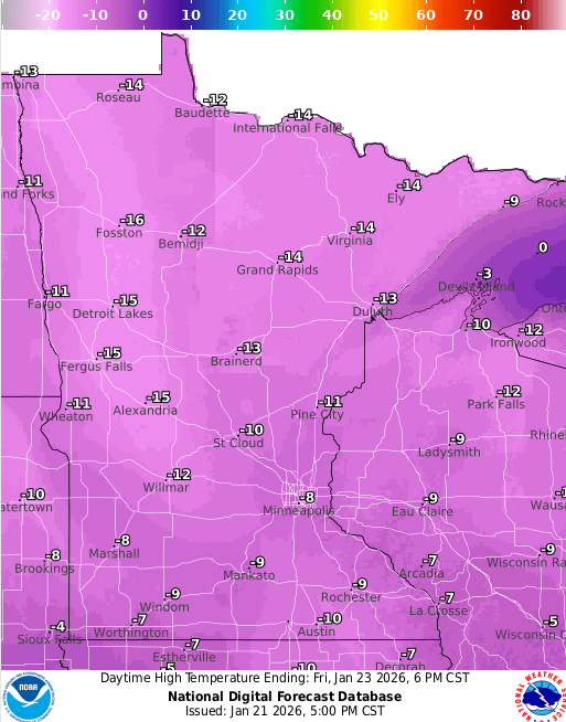 Forecast high temperatures Friday