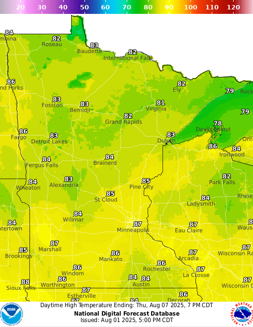 Forecast high temperatures Thursday