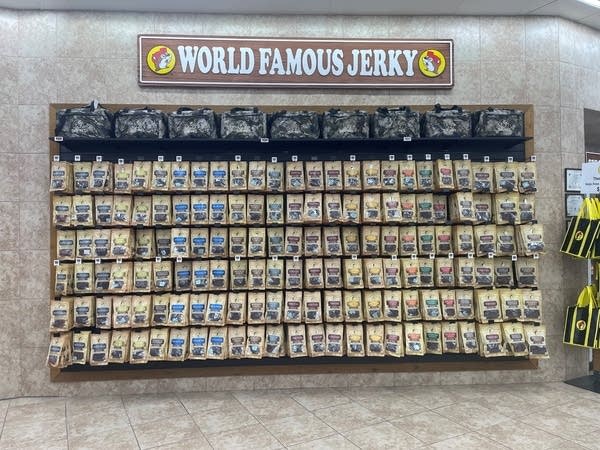 A giant wall display of jerky labeled "World Famous Jerky"
