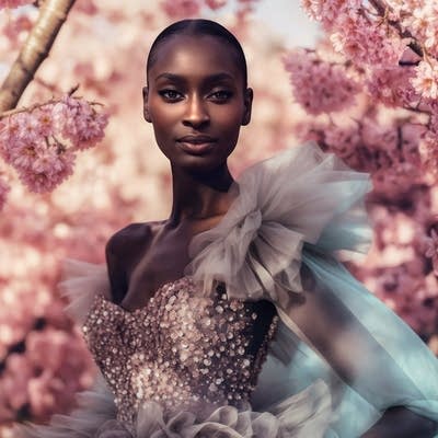 An AI image of Shudu, the fashion model Alexsandrah's created using artificial intelligence. They look very similar. Shudu is wearing a pink sequin and ruffle dress and is standing in cherry blossoms.