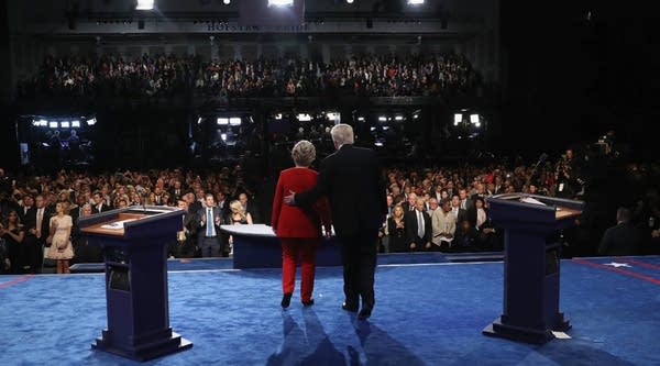 Republican presidential nominee Donald Trump ad Democratic presidential nominee Hillary Clinton shake hands after the first presidential debate.