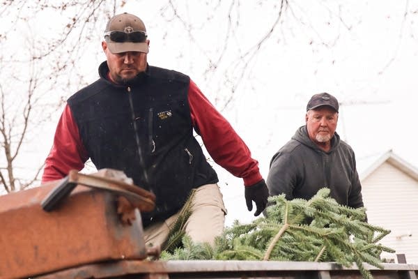 Two people stand over a trailer full of trees.
