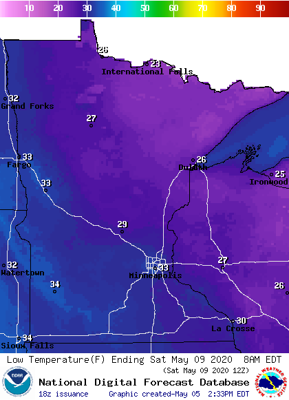 Forecast low temperatures Saturday morning