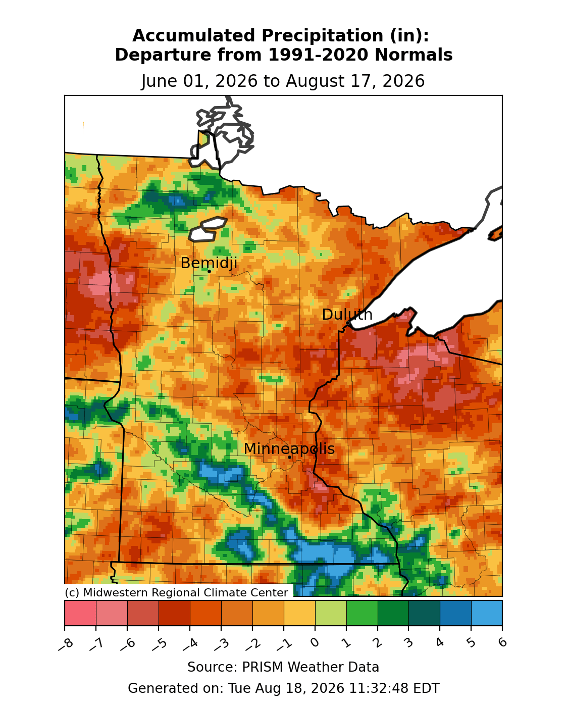 Accumulated precipitation (inches) departure- June 1 through Aug 17