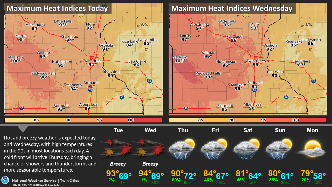 Forecast maximum heat index through Wednesday