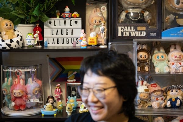 Plush dolls sit on shelves