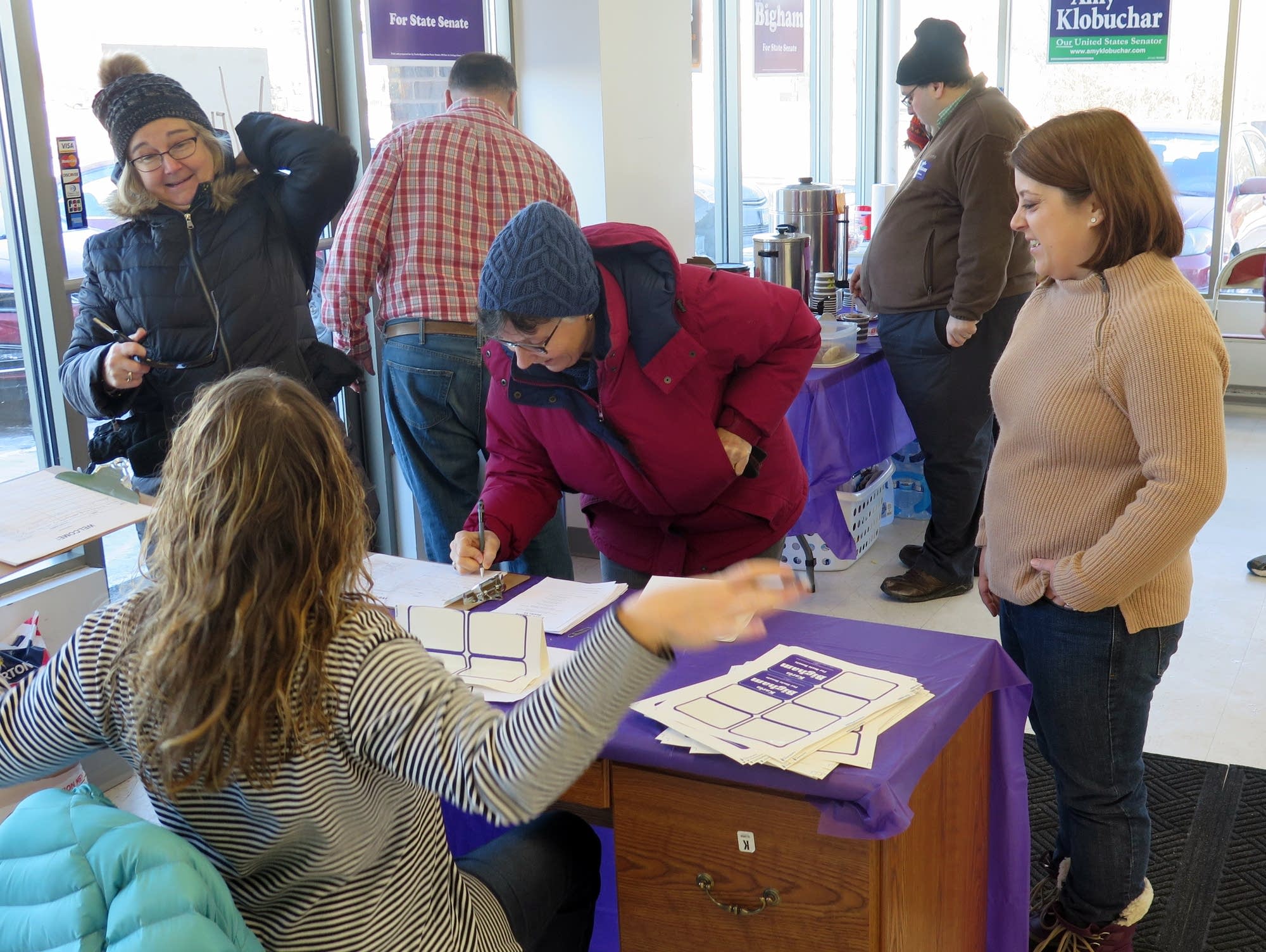 DFL candidate Karla Bigham welcomes supporters.