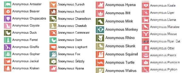 Low res image of 4 columns of simple, colorful animal icons used by google