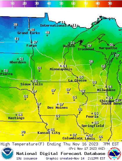 Forecast high temperatures Thursday