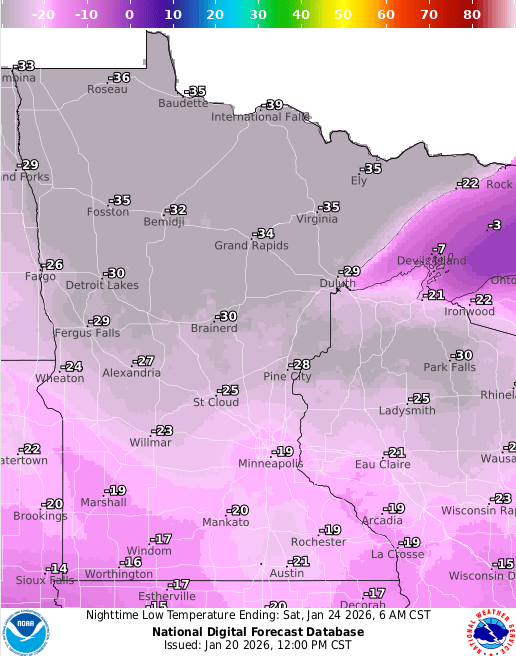 Forecast low temperatures Saturday