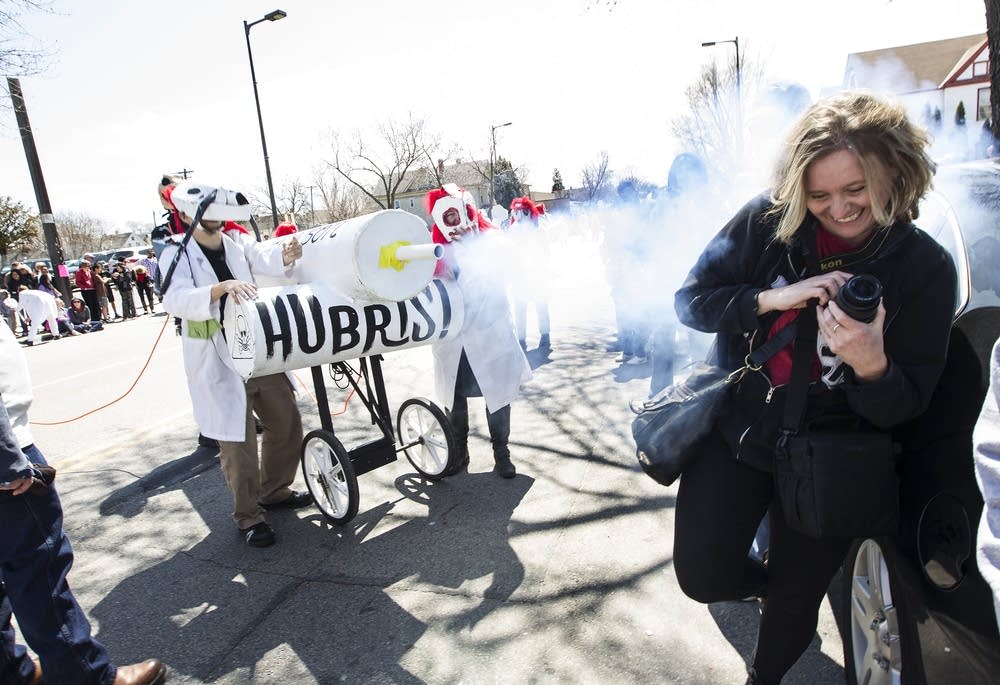 Heather Beal gets gassed by a float.