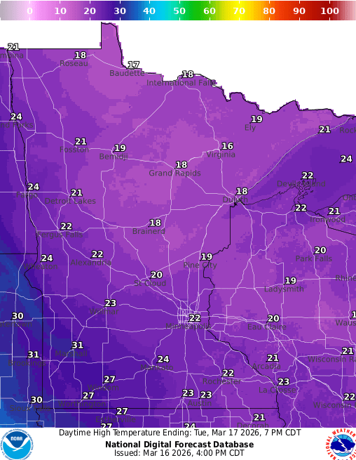 Forecast high temperatures Tuesday