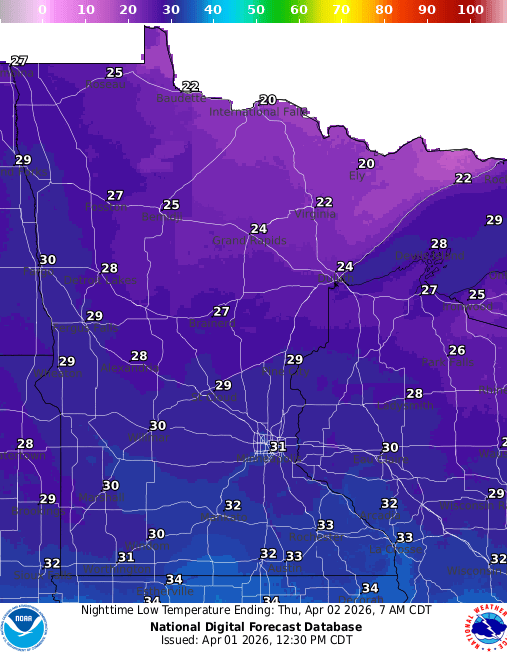 Forecast low temperatures Thursday