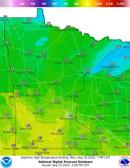 Forecast high temperatures Monday